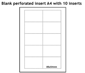 Perforated A4 sheet with 10 inserts for plastic pockets